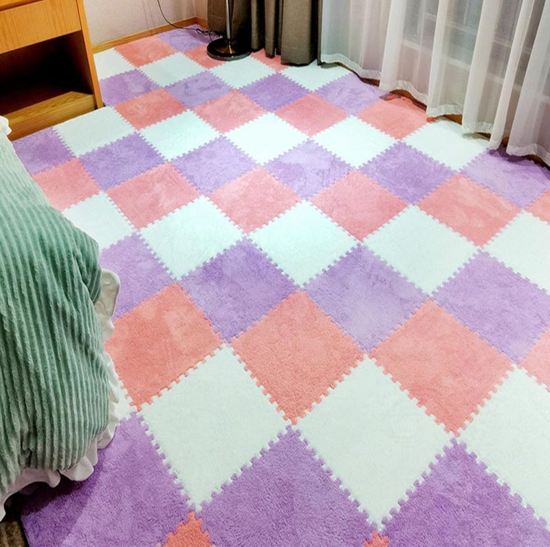 HUIDUO 12 Pcs Kids Foam Interlocking Carpet Tiles with Border, Thick Carpet Squares Plush Floor Playmats Baby Crawling Rug - 49" x 37" (Light Red, 12 Tiles) - Image 5