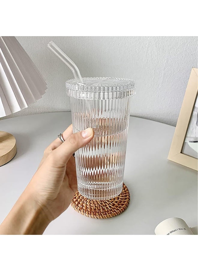 Beauenty Glass Tumbler Stripe Glass Cup Coffee Cup With Lid and Straw Drinking Glasses for Water,Iced Coffee,Milk,Tea,Juice - Image 3