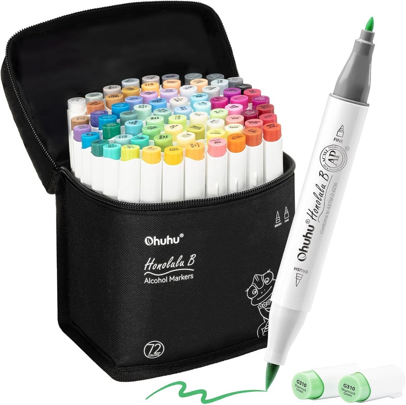 Ohuhu Alcohol Markers 72 Colors: Brush & Fine Dual Tips with Colorless Blender - Honolulu B Series - Image 1