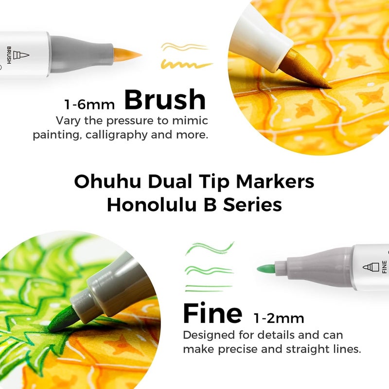 Ohuhu Alcohol Markers 72 Colors: Brush & Fine Dual Tips with Colorless Blender - Honolulu B Series - Image 2