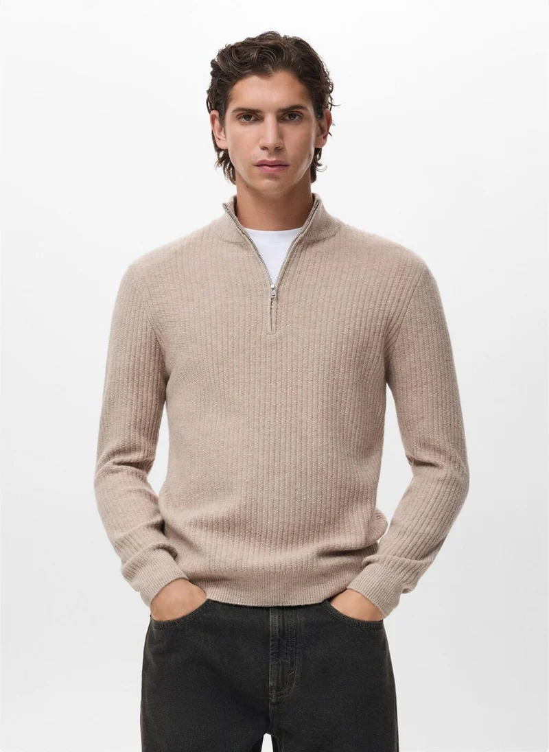 Mango Man Ribbed sweater with zip neck