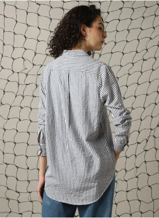Hubberholme Women Shirts in Multicolor featuring Oversized fit with a schiffli pattern, spread collar collar, collar neckline, full sleeve, secured with button closure, crafted from 100% cotton – designed to make a statement wherever you go.
