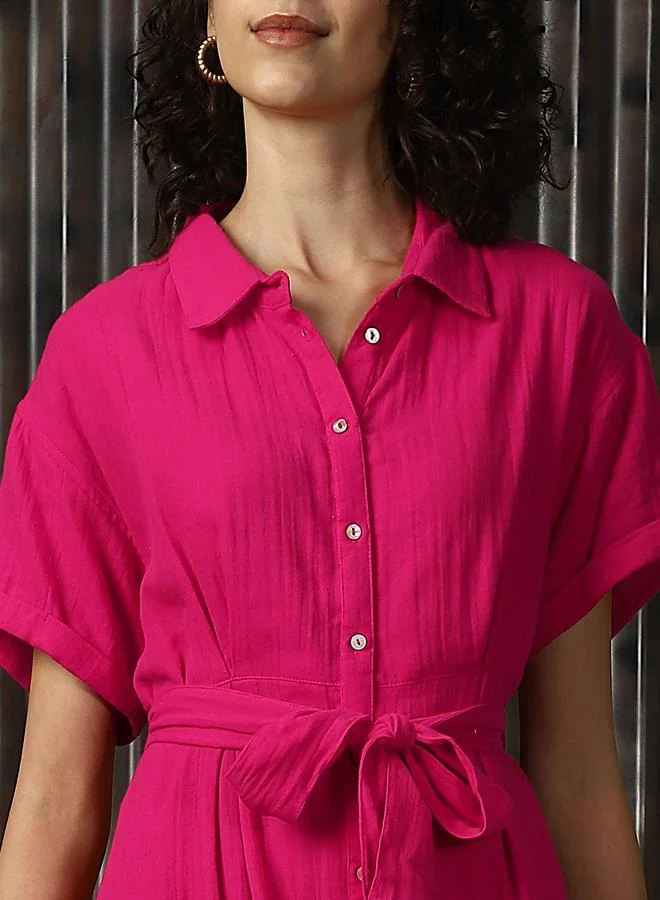 هاي ستار Women's Pink 100% Cotton Solid Pattern Regular Length Oversized Dress