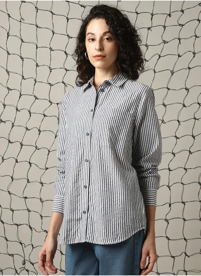 Hubberholme Women Shirts in Multicolor featuring Oversized fit with a schiffli pattern, spread collar collar, collar neckline, full sleeve, secured with button closure, crafted from 100% cotton – designed to make a statement wherever you go.