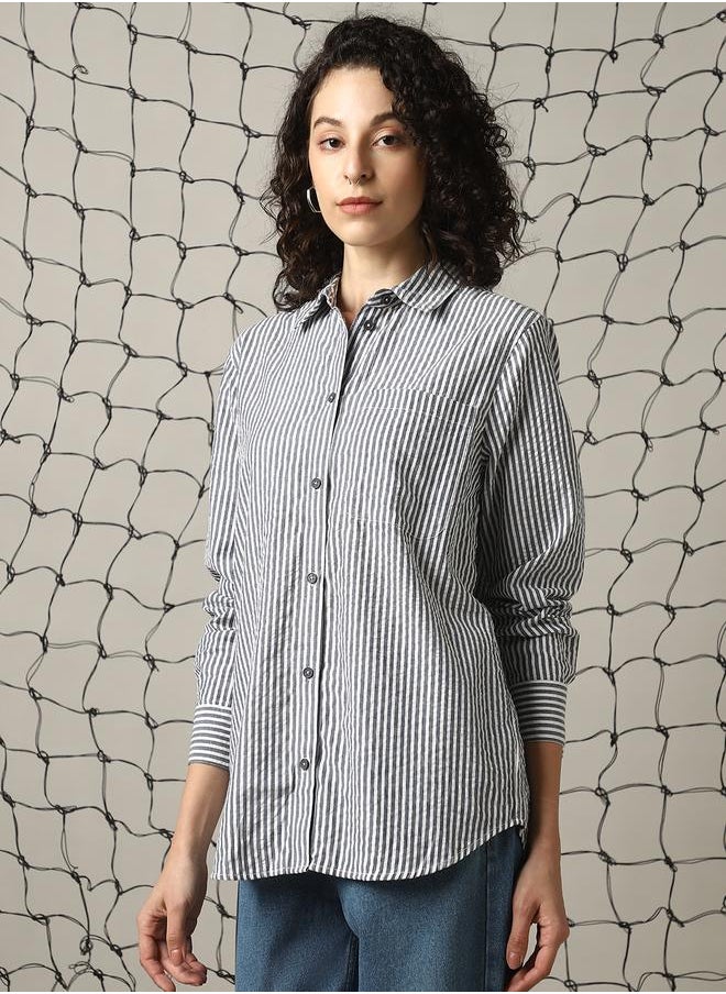 Hubberholme Women Oversized Fit Striped Casual Shirt  - Image 3