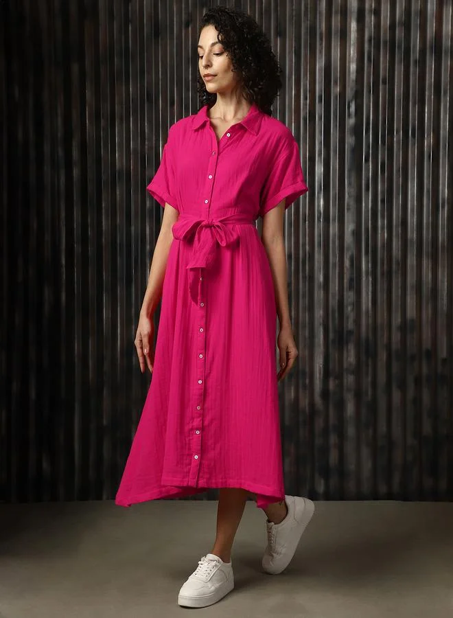 هاي ستار Women's Pink 100% Cotton Solid Pattern Regular Length Oversized Dress