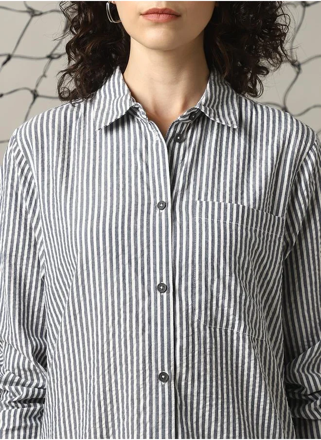 Hubberholme Women Shirts in Multicolor featuring Oversized fit with a schiffli pattern, spread collar collar, collar neckline, full sleeve, secured with button closure, crafted from 100% cotton – designed to make a statement wherever you go.