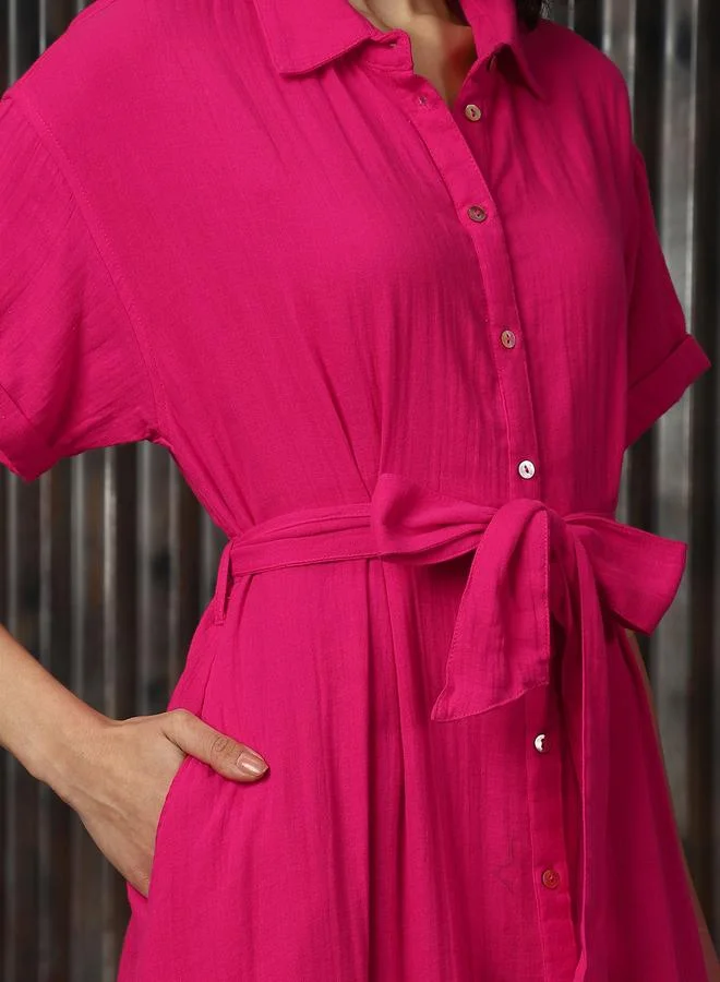هاي ستار Women's Pink 100% Cotton Solid Pattern Regular Length Oversized Dress