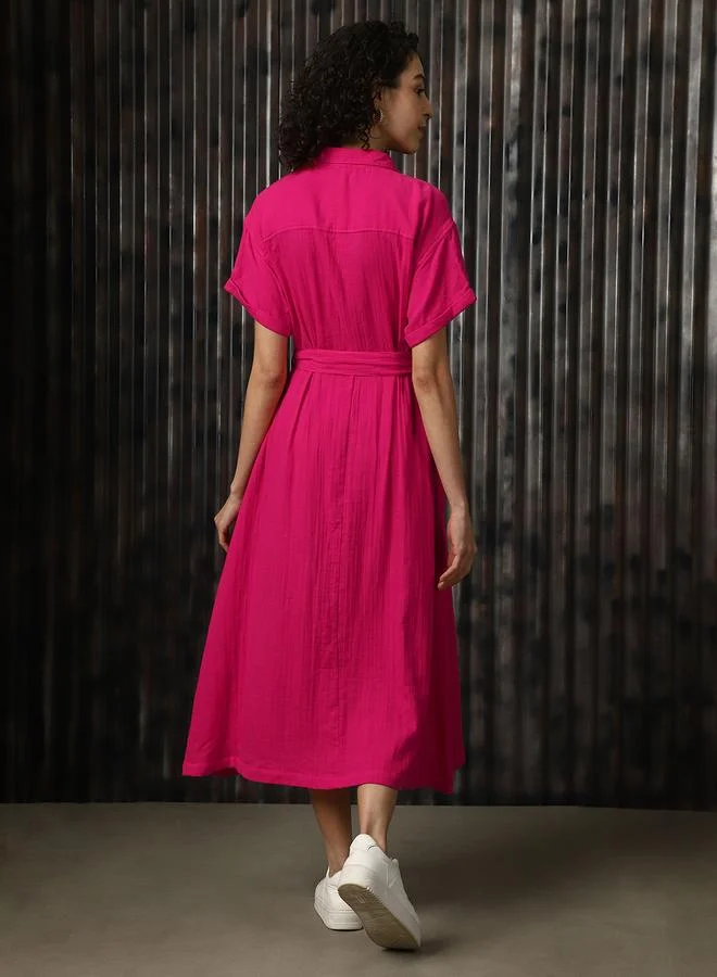 هاي ستار Women's Pink 100% Cotton Solid Pattern Regular Length Oversized Dress