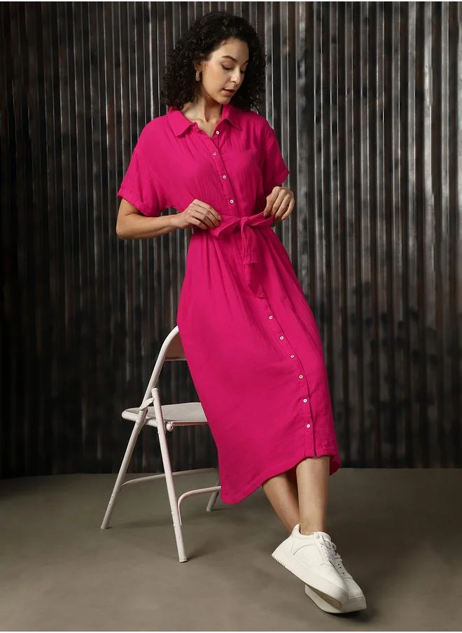 HIGH STAR Women Dresses in Pink featuring Oversized fit with a solid pattern, spread collar collar, collar neckline, half sleeves, regular length, secured with button closure, crafted from cotton – perfect for elevating your everyday style.