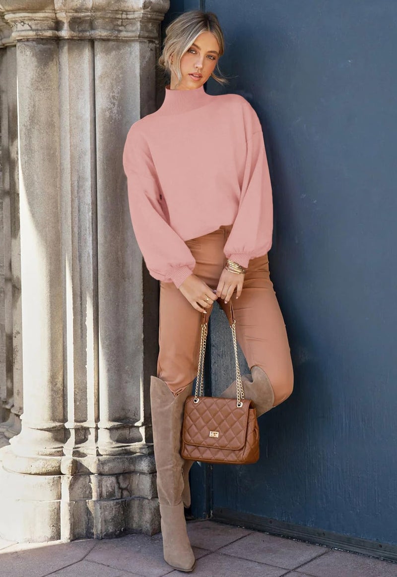 ANCAPELION Womens Winter Pink Sweater Pullover Causal Mock Neck Lantern Sleeve Knitted Comfy Jumper Basic Solid Ribbled Outwear Tops XX-Large - Image 2