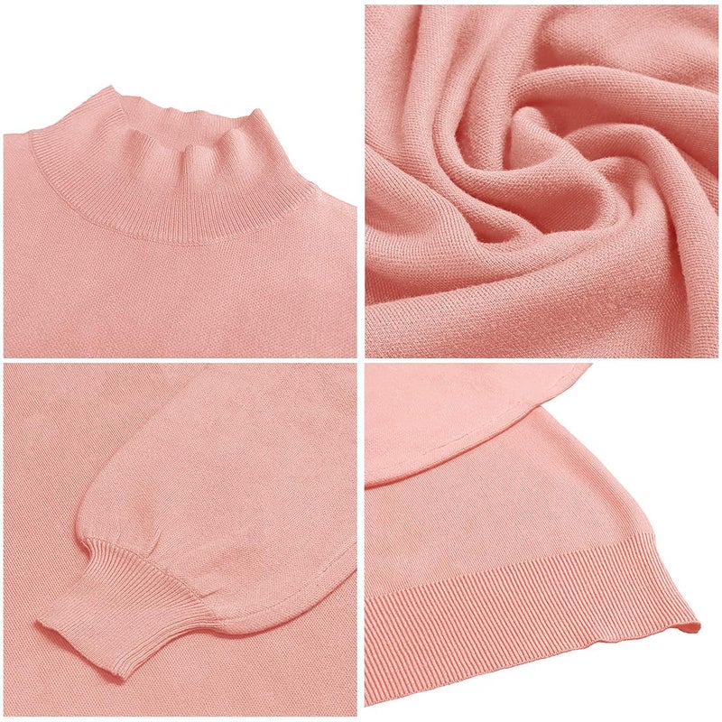ANCAPELION Womens Winter Pink Sweater Pullover Causal Mock Neck Lantern Sleeve Knitted Comfy Jumper Basic Solid Ribbled Outwear Tops XX-Large - Image 4