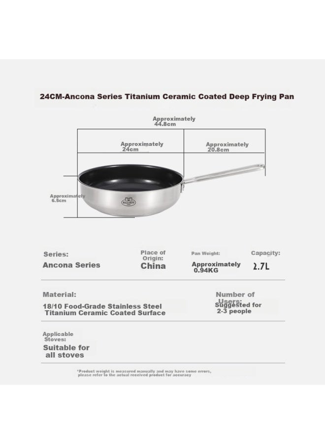 Ballarini Balalini Titanium-containing Ceramic-coated Non-stick Frying Pan, Zero Fluorine Coating, Stainless Steel Flat Bottom Pan, Compatible With Induction Cookers, 24cm, Ancon - Image 1