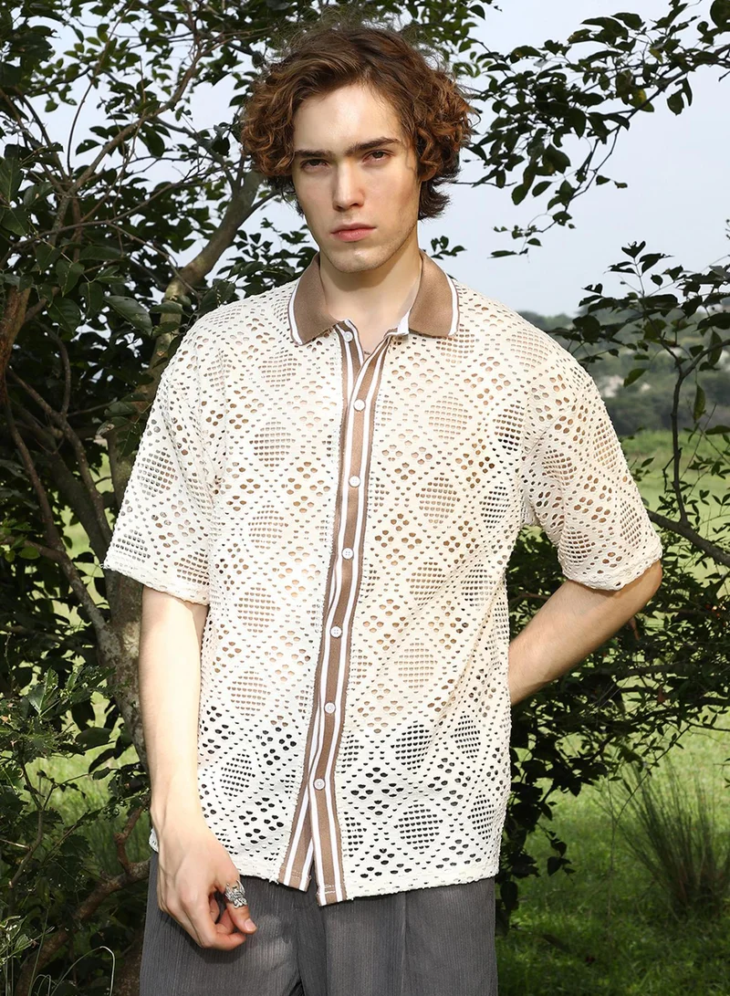 Campus Sutra Men's Saltbox Beige Geometric-Knit Oversized Shirt For Casual Wear | Polo Neck | Short Regular Sleeves | Button Closure | Shirt Crafted With Comfort Fit For Everyday Wear