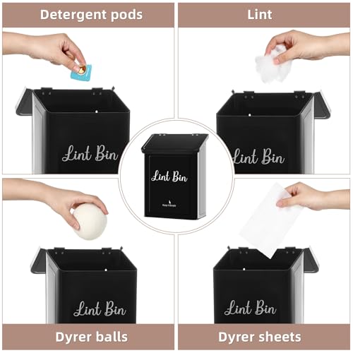 SUBEKYU Metal Magnetic Lint Bin for Laundry Room, Wall Mounted Lint Box Holder Trash Can with Lid for Dryer, Black - Image 5
