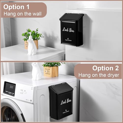 SUBEKYU Metal Magnetic Lint Bin for Laundry Room, Wall Mounted Lint Box Holder Trash Can with Lid for Dryer, Black - Image 4