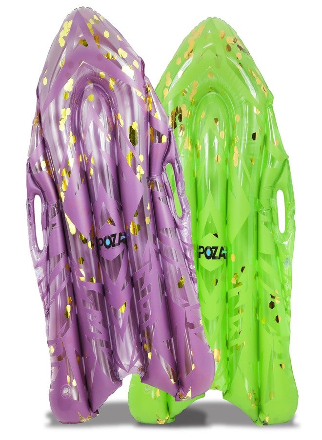 POZA Set of 2 Purple Gold and Green Gold Inflatable Body Boards - Sparkly Bodyboard Pool Float with Handles, Surfing Board for Swimming Toys for Kids, Boogie Boards for Beach Activities - 56 Inches - Image 1