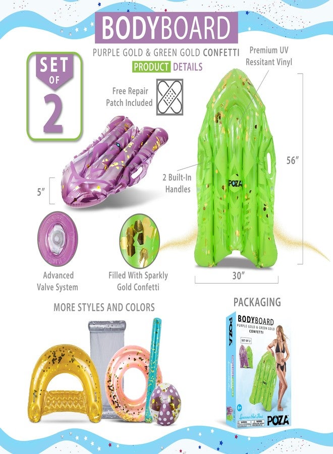 POZA Set of 2 Purple Gold and Green Gold Inflatable Body Boards - Sparkly Bodyboard Pool Float with Handles, Surfing Board for Swimming Toys for Kids, Boogie Boards for Beach Activities - 56 Inches - Image 3