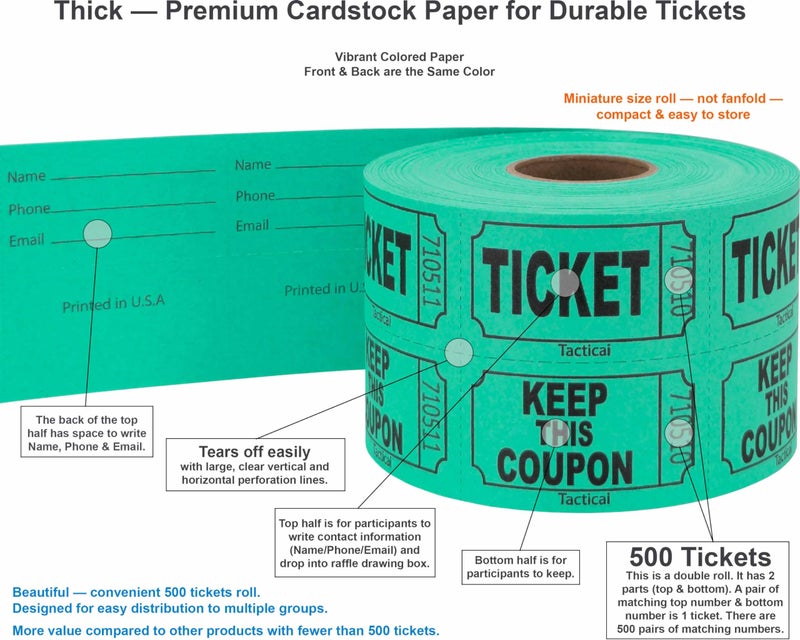 Tacticai 500 Raffle Tickets, Green (1 of 8 Colors), Double Roll, Ticket for Events, Entry, Class Reward, Fundraiser & Prizes - Image 2