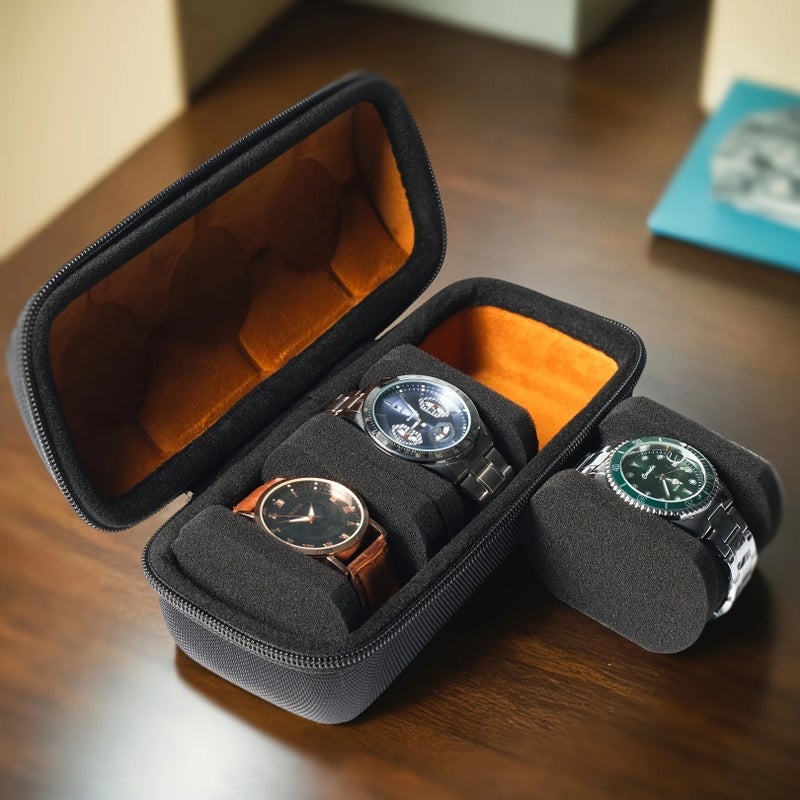 3/5 Slot Travel Watch Box, Hard Shell with Soft Velvet Lining, Shockproof, Pressure-Resistant Black Nylon Storage Case - Image 4
