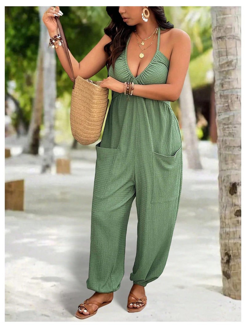 WDIRARA Women's Plus Size Backless Halter Jumpsuit Deep V Neck Sleeveless Pants Romper Green X-Large Plus - Image 3