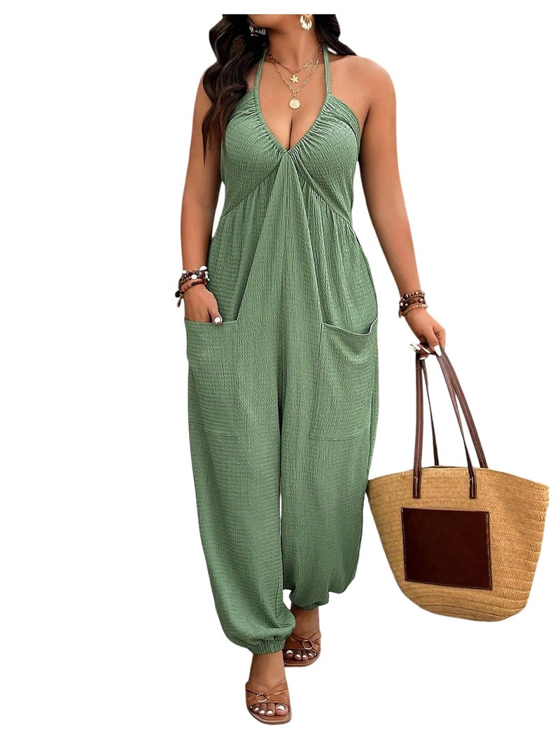 WDIRARA Women's Plus Size Backless Halter Jumpsuit Deep V Neck Sleeveless Pants Romper Green X-Large Plus - Image 1