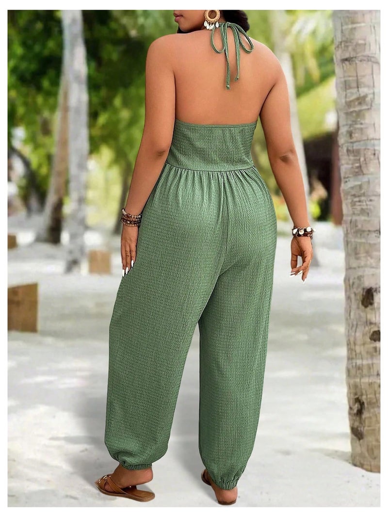 WDIRARA Women's Plus Size Backless Halter Jumpsuit Deep V Neck Sleeveless Pants Romper Green X-Large Plus - Image 2