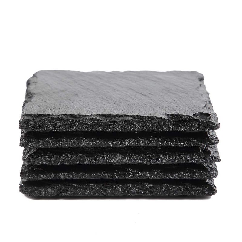 ACKEIVTO Slate Stone Drink Coasters - Set of 5 Square Black Natural Edge Stone Drink Coasters for Bar and Home- 4" x 4" - Image 1