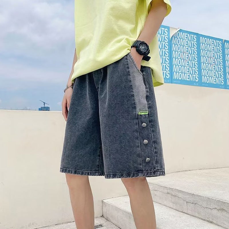 Summer Hong Kong Style Washed Denim Pants Mens Instagram Popular Brand Loose Breasted Shorts Student Loose Drawstring Pants Grey  - Image 1