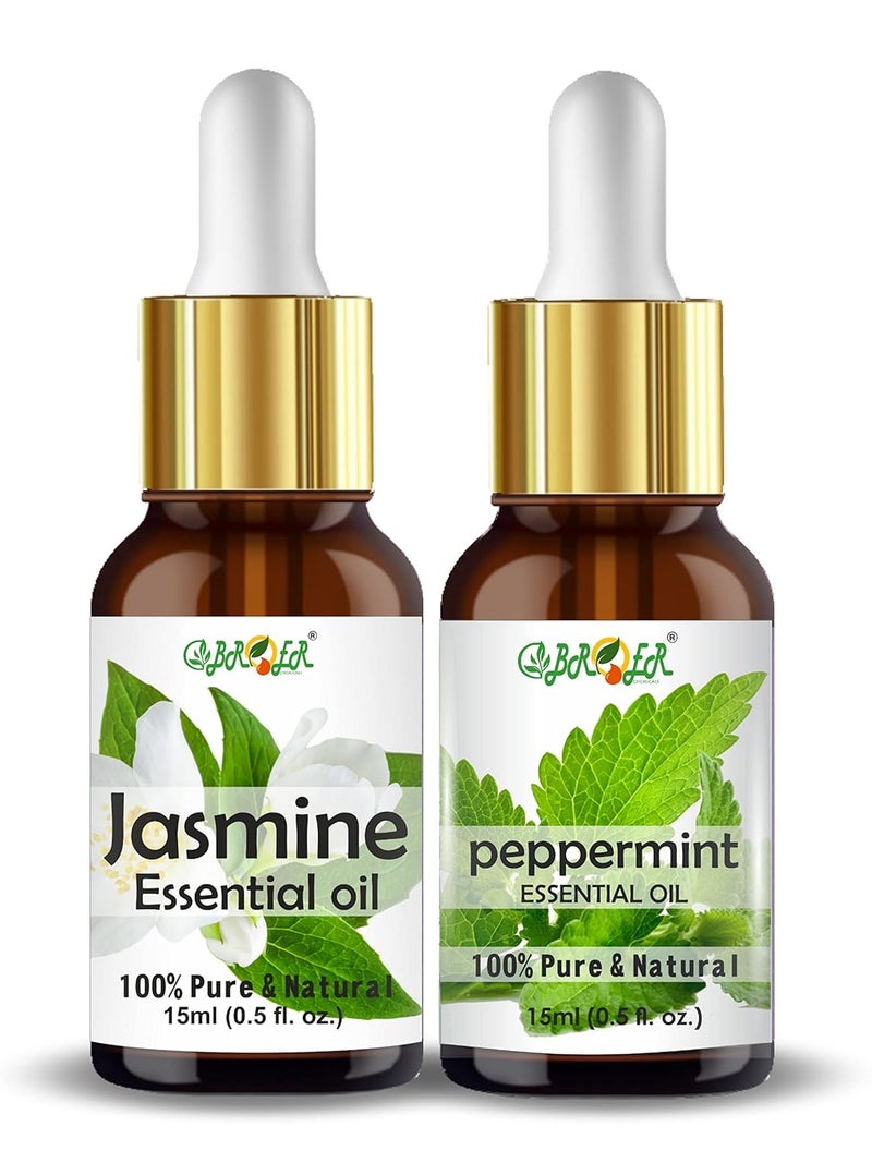BROER BROER Jasmine Mogra and Peppermint Essential Oil Combo 15ml 15ml 100 Pure Natural Undiluted Refreshing Essential Oil For Stress Relief Smooth Skin Hair care Aromatherapy Pack of 2  - Image 1