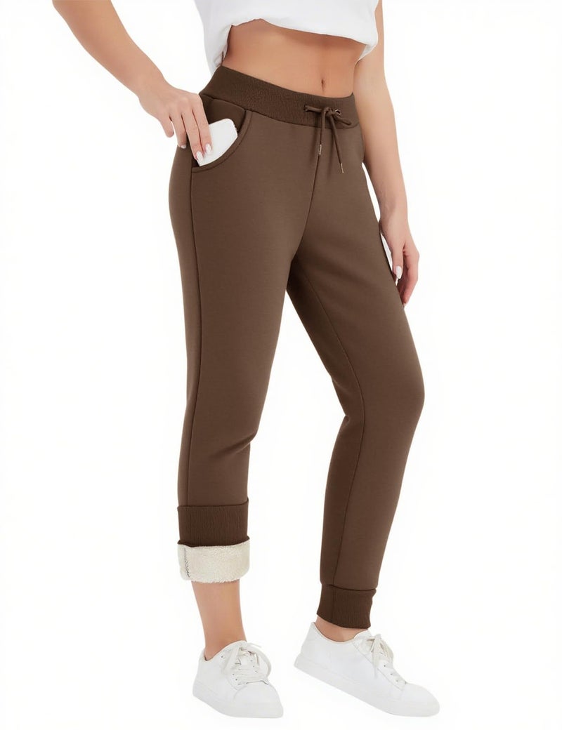 Flygo Women's Sherpa Fleece Lined Joggers Sweatpants Winter Warm Pants with Pockets(Brown-S) - Image 2