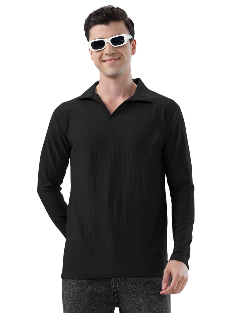 KAJARU Men's Ribbed Knit Polo T-Shirt, Long Sleeve (in, Alpha, L, Black) - Image 1