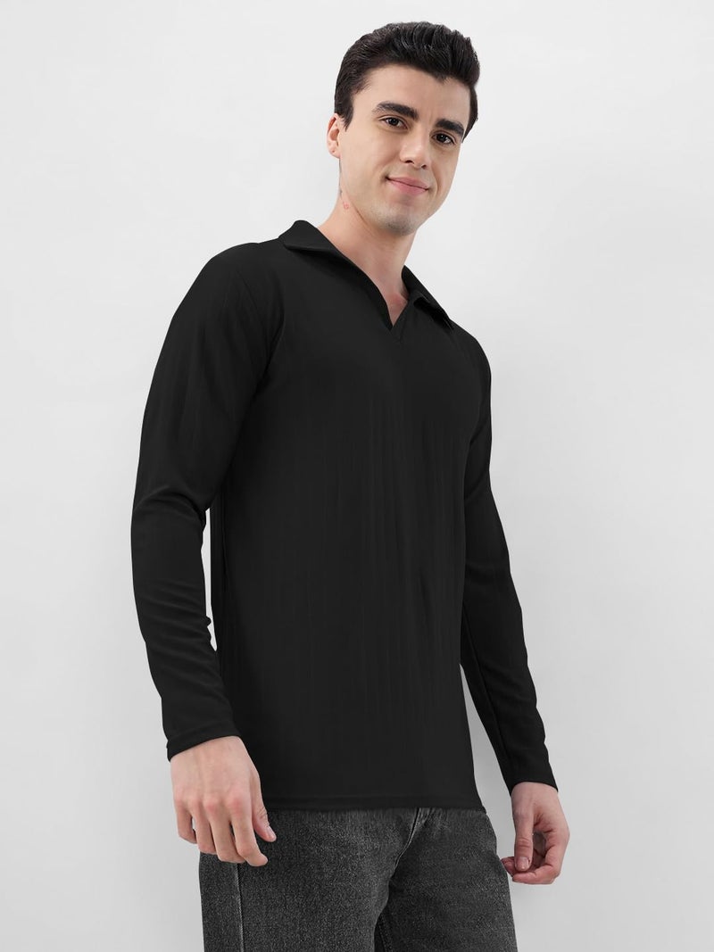 KAJARU Men's Ribbed Knit Polo T-Shirt, Long Sleeve (in, Alpha, L, Black) - Image 4