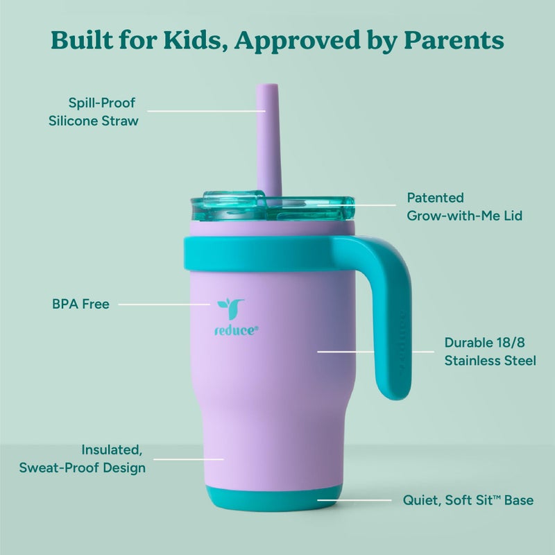 REDUCE 14 Oz Coldee Kids Tumbler with Lid and Straw - Coldee Insulated Travel Mug - Spill-Proof  Sweatproof Stainless Steel  BPA-Free - Includes Handle  Reusable Silicone Straw - Purple Mermaid - Image 3