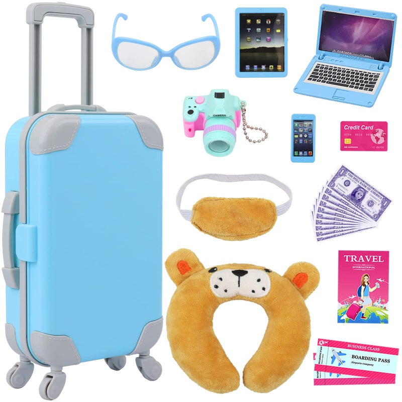 ZITA ELEMENT 22 Pcs 18 Inch Boy Doll Clothes Suitcase Set for 19 Inch Boy Doll Accessories Travel Carrier Storage, Including Suitcase Pillow Blindfold Sunglasses Camera Computer - Image 1