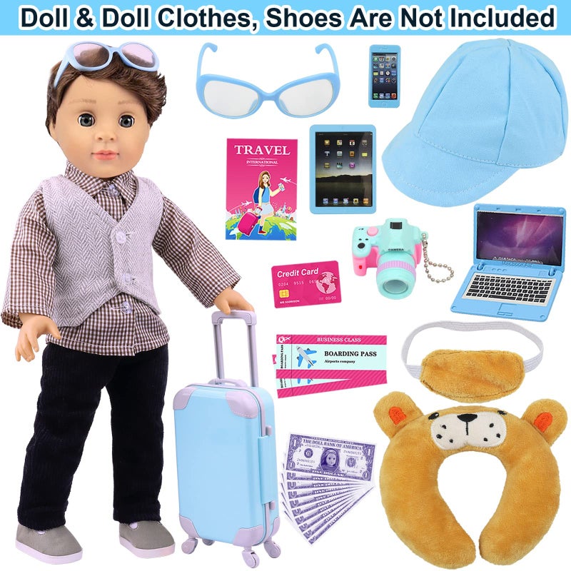 ZITA ELEMENT 22 Pcs 18 Inch Boy Doll Clothes Suitcase Set for 19 Inch Boy Doll Accessories Travel Carrier Storage, Including Suitcase Pillow Blindfold Sunglasses Camera Computer - Image 2