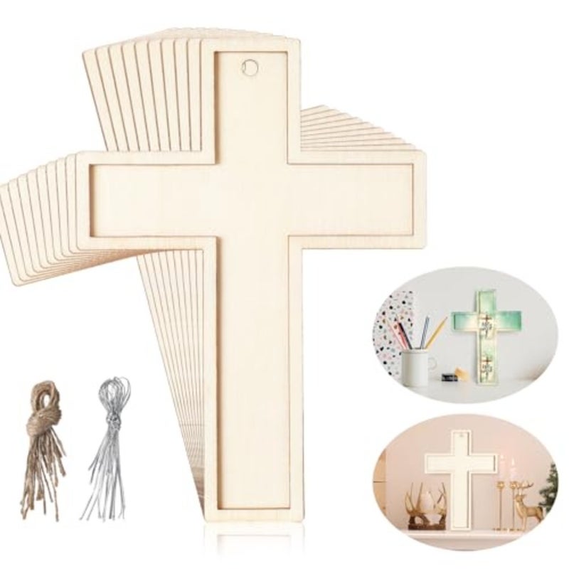 24 Pcs Unfinished Wooden Crosses for Crafts Unpainted Large Blank Wooden Layered Cross for Sunday School Crafts DIY Easter Projects Church Home Wall tion with String 5 x 3.62 Inch - Image 1