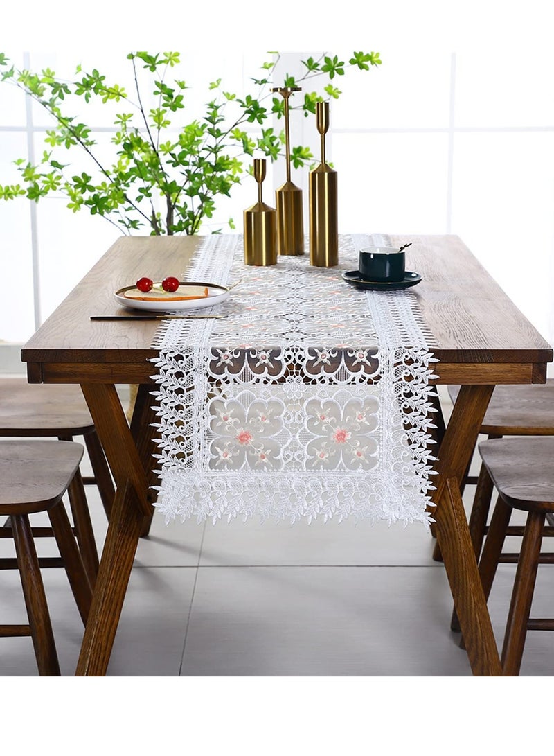SYOSI Lace Table Runner Rectangular White Cotton Linen Fabric Dresser Scarf with Delicate Lace Embroidered Table Runner for Kitchen Home Wedding Party Dining Room Decor, White 15 in x 72 in - Image 3