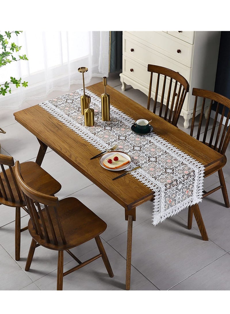 SYOSI Lace Table Runner Rectangular White Cotton Linen Fabric Dresser Scarf with Delicate Lace Embroidered Table Runner for Kitchen Home Wedding Party Dining Room Decor, White 15 in x 72 in - Image 2