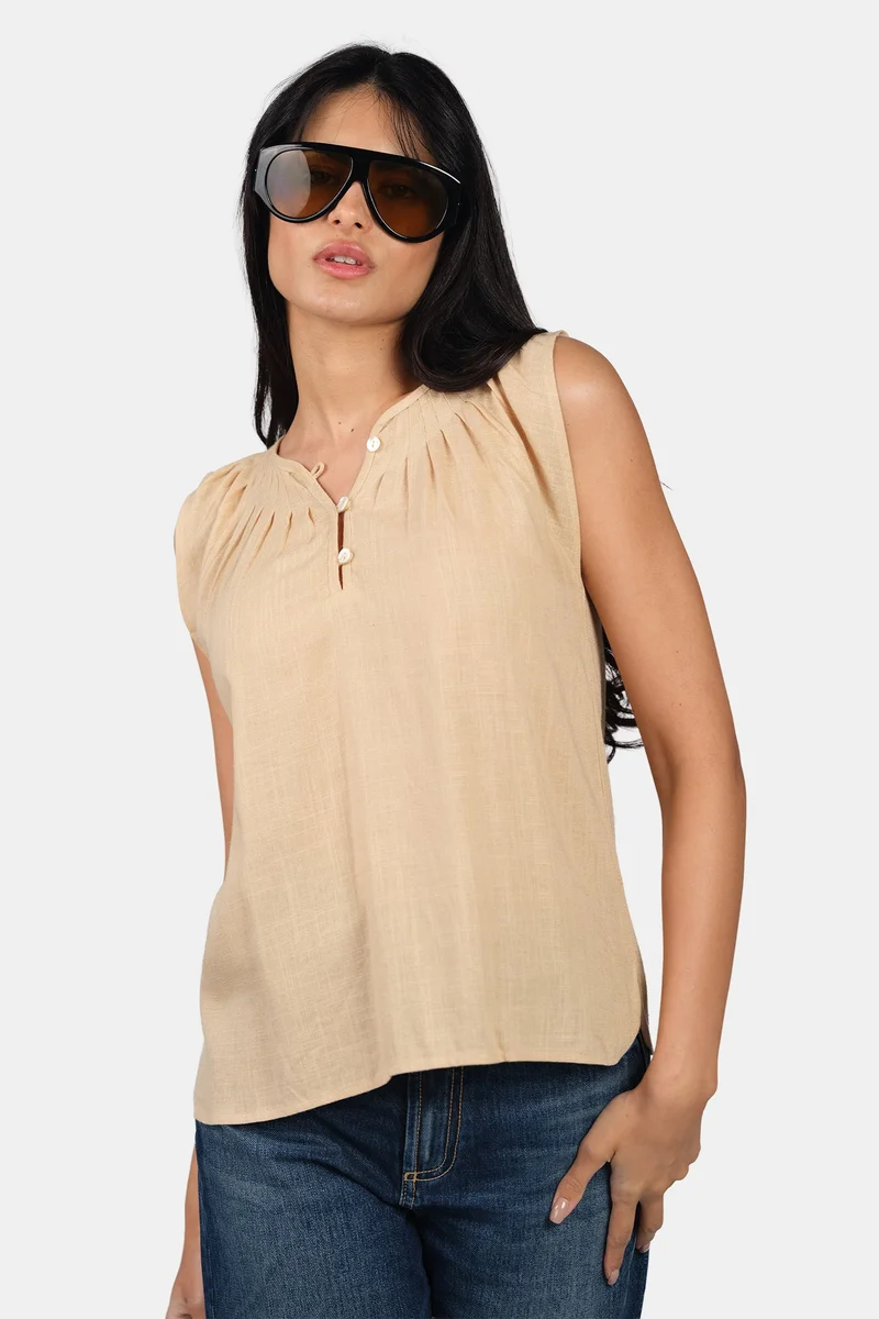 Virgio Solid Viscose Pleated Neck Top With Side Slit for Women