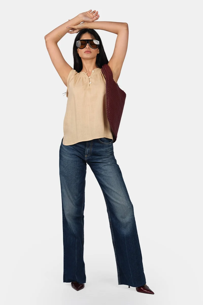 فيرجيو Solid Viscose Pleated Neck Top With Side Slit for Women