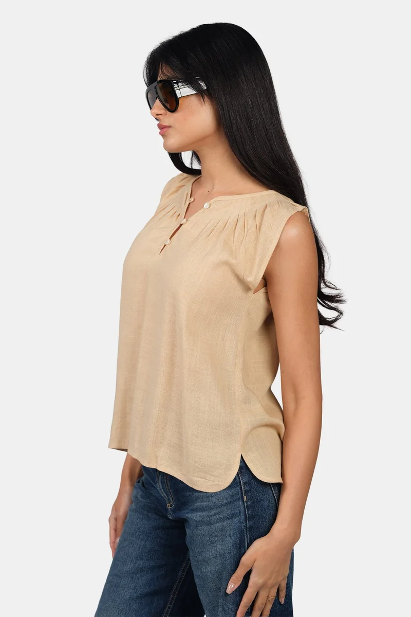 Virgio  Solid Viscose Pleated Neck Top With Side Slit for Women for Women | Best Price UAE