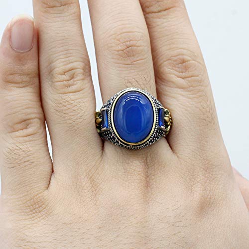 Qida 925 Sterling Silver Onyx Stone Men's Ring Türkiye Handmade Agate Silver Luxury Vintage Men's Ring (Size Blue agate, 11) - Image 3