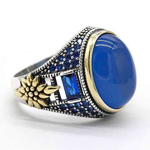 Qida 925 Sterling Silver Onyx Stone Men's Ring Türkiye Handmade Agate Silver Luxury Vintage Men's Ring (Size Blue agate, 11) - Image 2