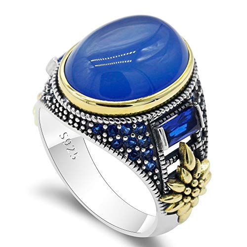 Qida 925 Sterling Silver Onyx Stone Men's Ring Türkiye Handmade Agate Silver Luxury Vintage Men's Ring (Size Blue agate, 11) - Image 1