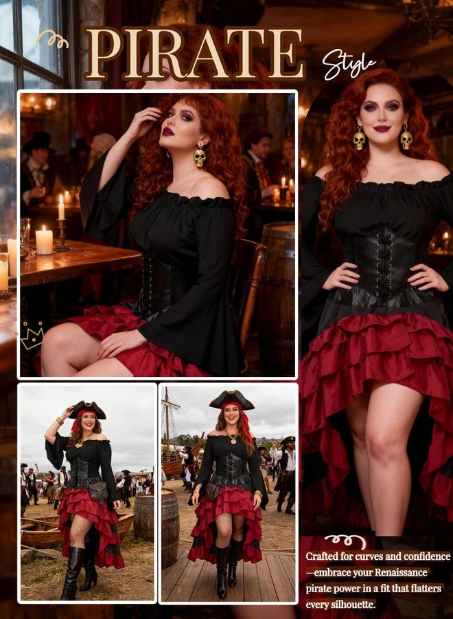 Verceco Pirate Costume Women with Renaissance Pirate Shirt Skirt Corset Waist Belt (Black+Red, L) - Image 3