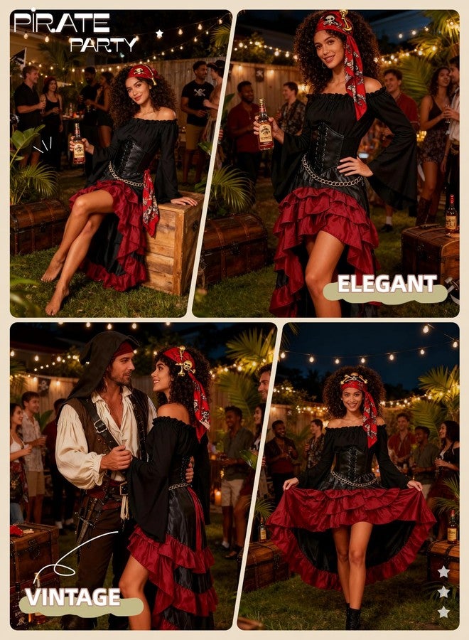 Verceco Pirate Costume Women with Renaissance Pirate Shirt Skirt Corset Waist Belt (Black+Red, L) - Image 5