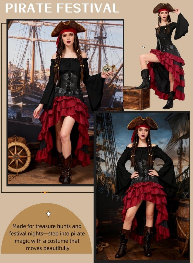 Verceco Pirate Costume Women with Renaissance Pirate Shirt Skirt Corset Waist Belt (Black+Red, L) - Image 2
