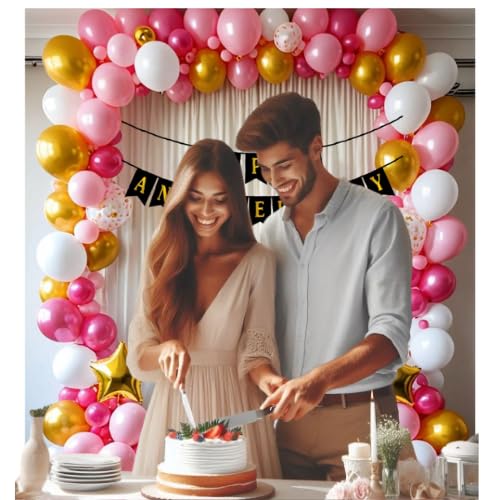 ARV Anniversary Decoration Kit Happy Anniversary Backdrop Each 15 Pcs of Golden White and Pink Balloons 1 Led Light 2 Golden Star 1 Curtain for Weddings and Special Occasions 52 Pcs Kit  - Image 3