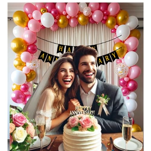 ARV Anniversary Decoration Kit Happy Anniversary Backdrop Each 15 Pcs of Golden White and Pink Balloons 1 Led Light 2 Golden Star 1 Curtain for Weddings and Special Occasions 52 Pcs Kit  - Image 2